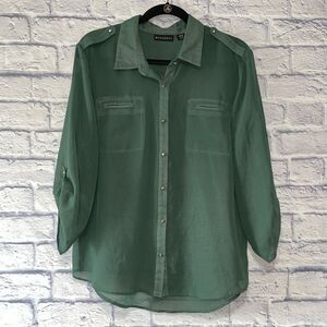 💜 METAPHOR hunter Green Sheer Tab Sleeve Button Front Blouse
